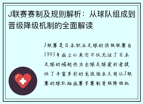 J联赛赛制及规则解析：从球队组成到晋级降级机制的全面解读