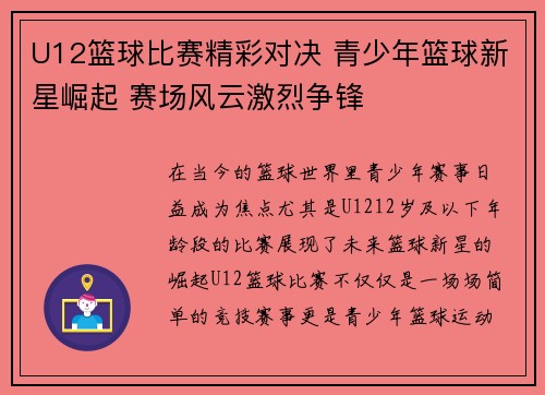 U12篮球比赛精彩对决 青少年篮球新星崛起 赛场风云激烈争锋