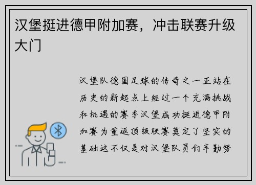 汉堡挺进德甲附加赛，冲击联赛升级大门
