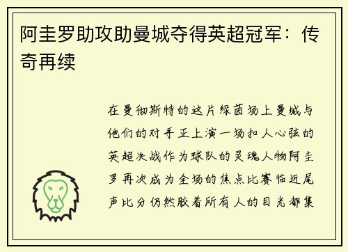 阿圭罗助攻助曼城夺得英超冠军：传奇再续